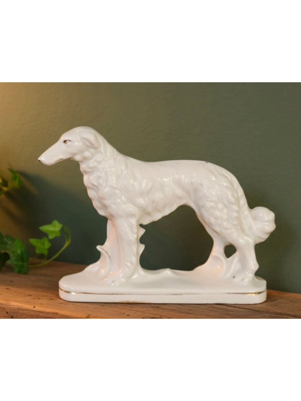 Russian White Borzoi Wolfhound Dog Figurine White & Gold Piping 6 inches Long, J